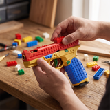 Hands snapping a red brick piece onto the BrickOps Builder's Workshop Edition blaster slide on a workshop desk